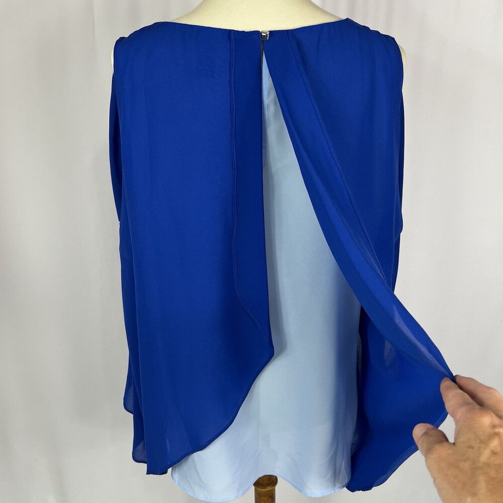 White House Black Market Blue Flowy Chiffon Layered Split Back Sleeveless Top XL - Picture 4 of 12